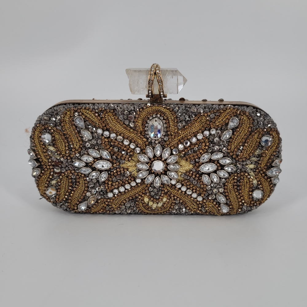 Marchesa Crystal Embellished Gold Evening Clutch with Strap and Dustbag